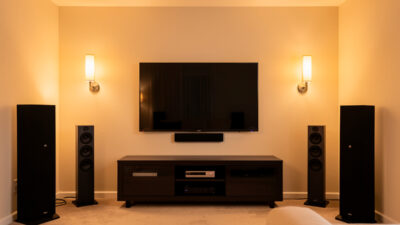 Home theater speaker placement layout with center, front, and surround positions