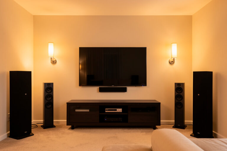 Home theater speaker placement layout with center, front, and surround positions