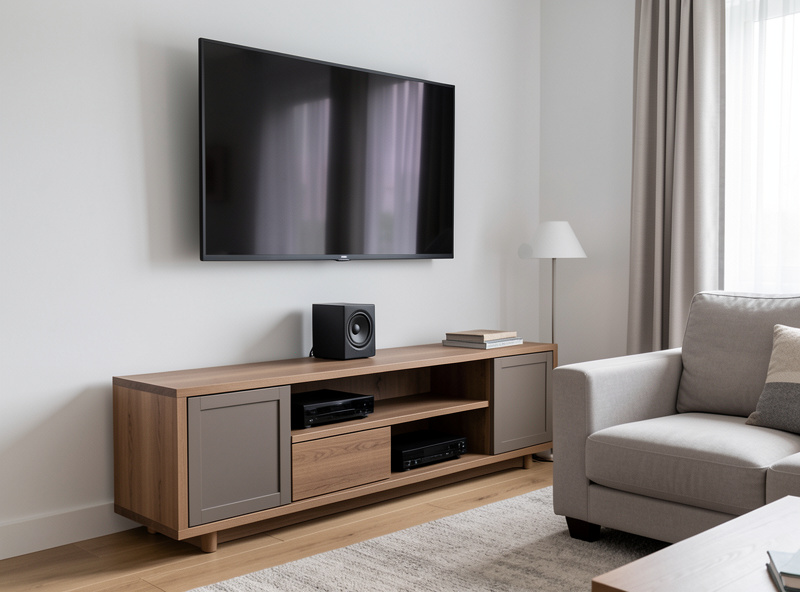 Center channel speaker positioned below a wall-mounted screen angled up toward the listening seats in a home theater