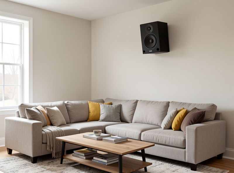 Surround speaker mounted on a side wall above ear height and angled to diffuse sound across home theater seating