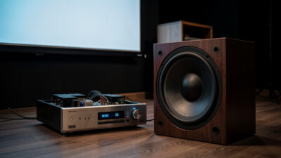 Powered subwoofer on the floor of a home theater beside an AV receiver