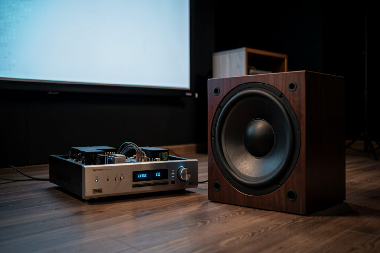 Powered subwoofer on the floor of a home theater beside an AV receiver