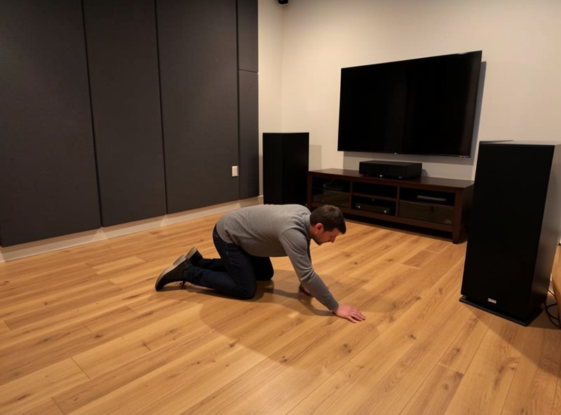 Person performing the subwoofer crawl test on the floor of a home theater to find the best bass position