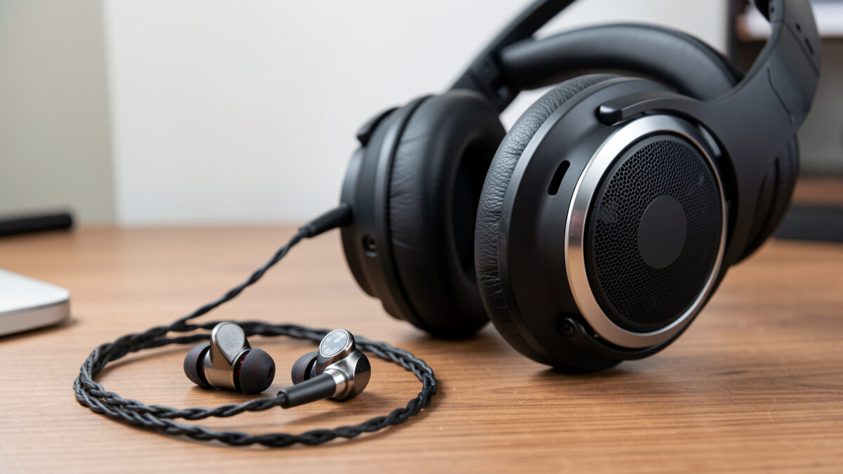 In-ear monitors beside a large open-back over-ear headphone showing the size contrast