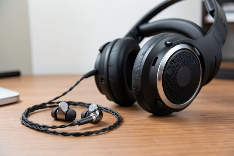 In-ear monitors beside a large open-back over-ear headphone showing the size contrast