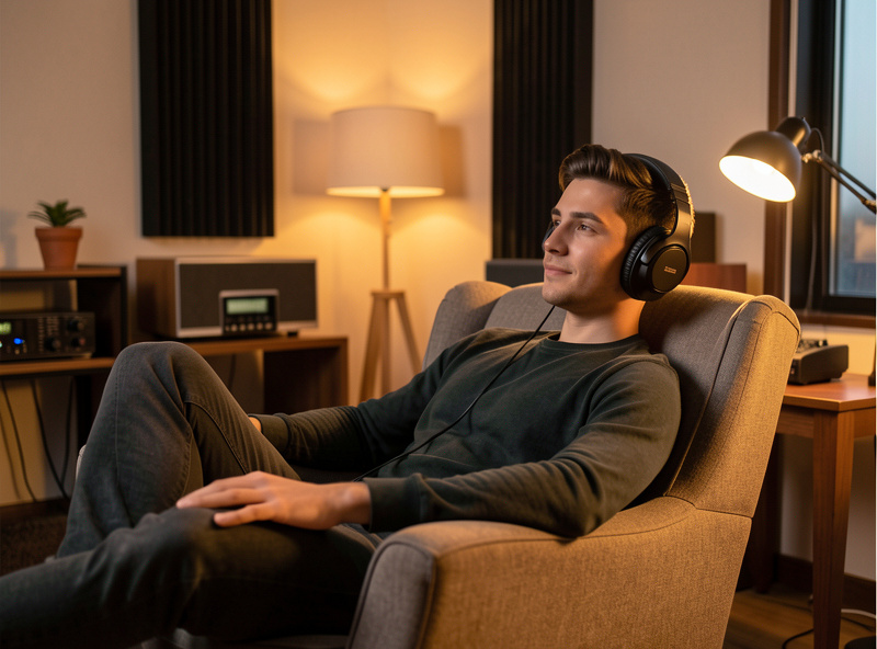 A person relaxing in an armchair in a quiet listening room wearing large over-ear open-back headphones