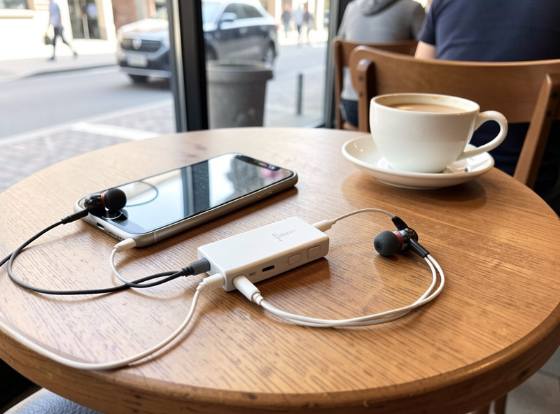 In-ear monitors plugged into a small portable dongle DAC connected to a phone on a cafe table