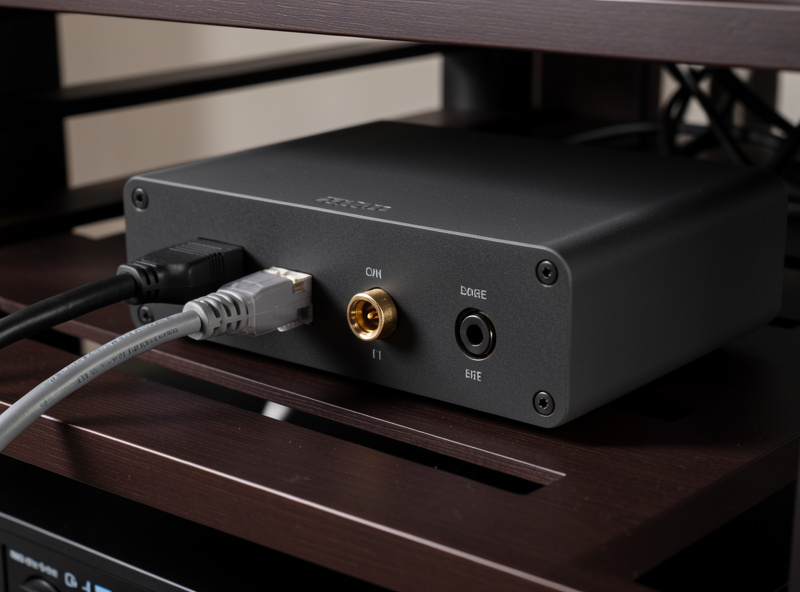 Compact network audio streamer with ethernet and digital outputs on a hi-fi rack
