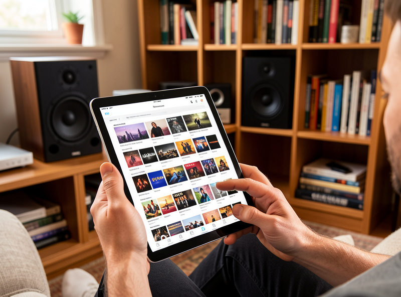 Tablet running a music streaming app in front of bookshelf hi-fi speakers