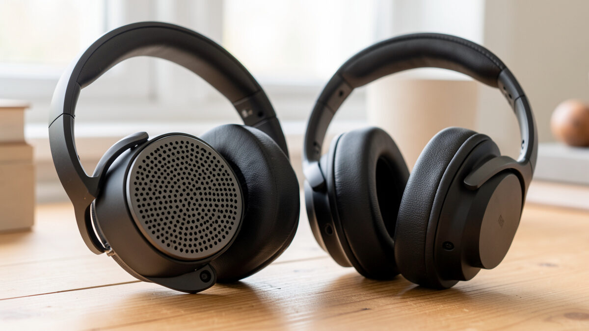 Open-back and closed-back over-ear headphones side by side on a wooden desk