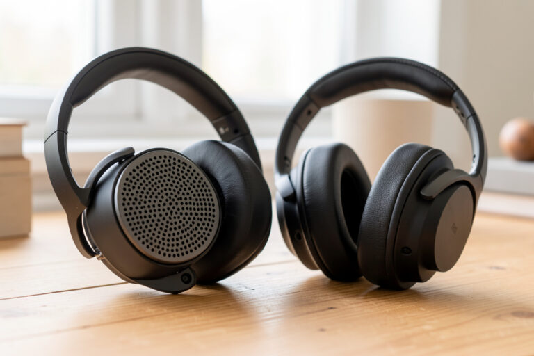 Open-back and closed-back over-ear headphones side by side on a wooden desk