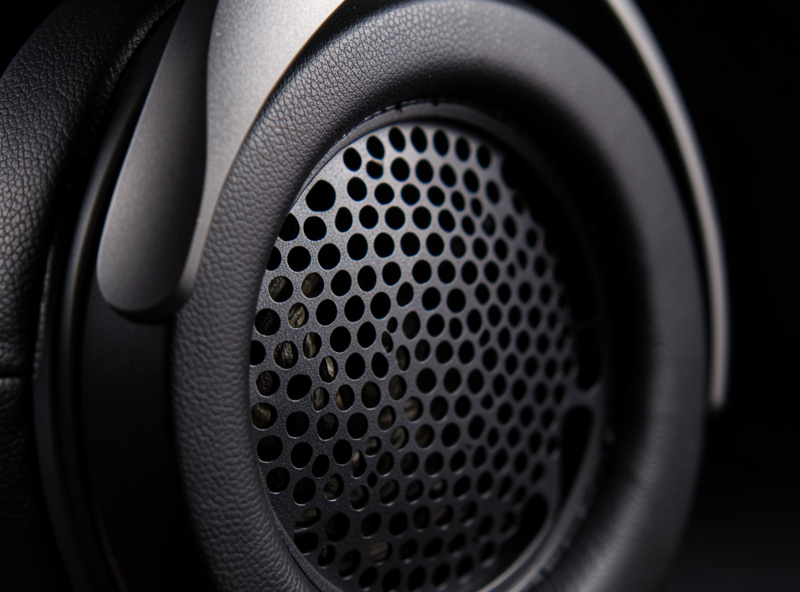Macro close-up of the perforated grille on the rear of an open-back headphone earcup showing the driver vents