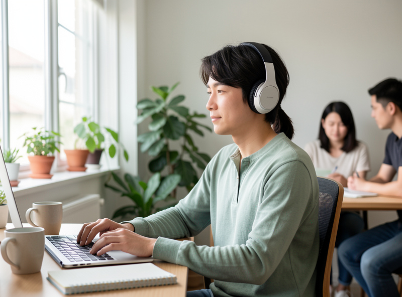 A person wearing closed-back headphones at a desk in a shared room with other people nearby