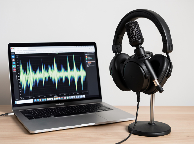 A measurement microphone positioned at an open-back headphone earcup with a laptop showing a decay waterfall plot