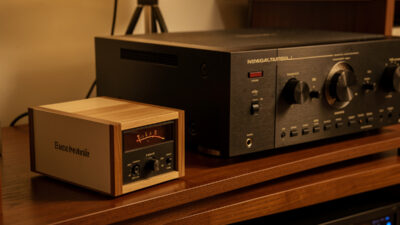 Outboard phono preamp next to an integrated amplifier with a built-in phono stage
