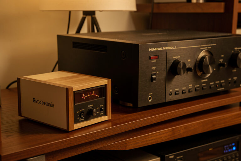 Outboard phono preamp next to an integrated amplifier with a built-in phono stage