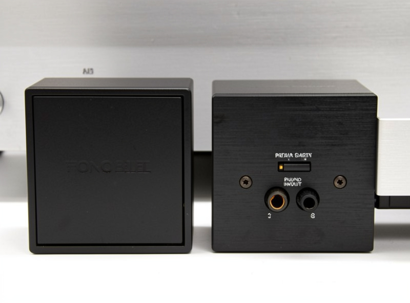 A separate outboard phono preamp box beside an integrated amplifier with a built-in phono input
