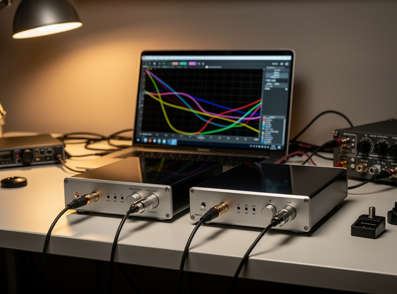 Two DACs side by side feeding a calibrated measurement setup with REW frequency response on screen