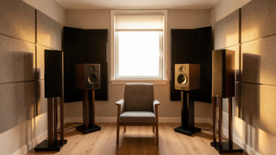 Treated small hi-fi listening room with side-wall absorbers and corner bass traps