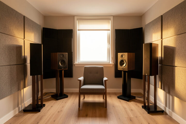 Treated small hi-fi listening room with side-wall absorbers and corner bass traps