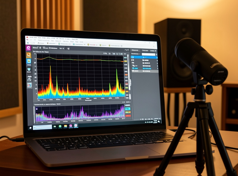 REW Room EQ Wizard frequency response and waterfall plot on a laptop next to a UMIK-1 measurement microphone