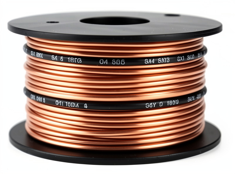 Spool of thick oxygen-free copper speaker wire with gauge markings on the jacket