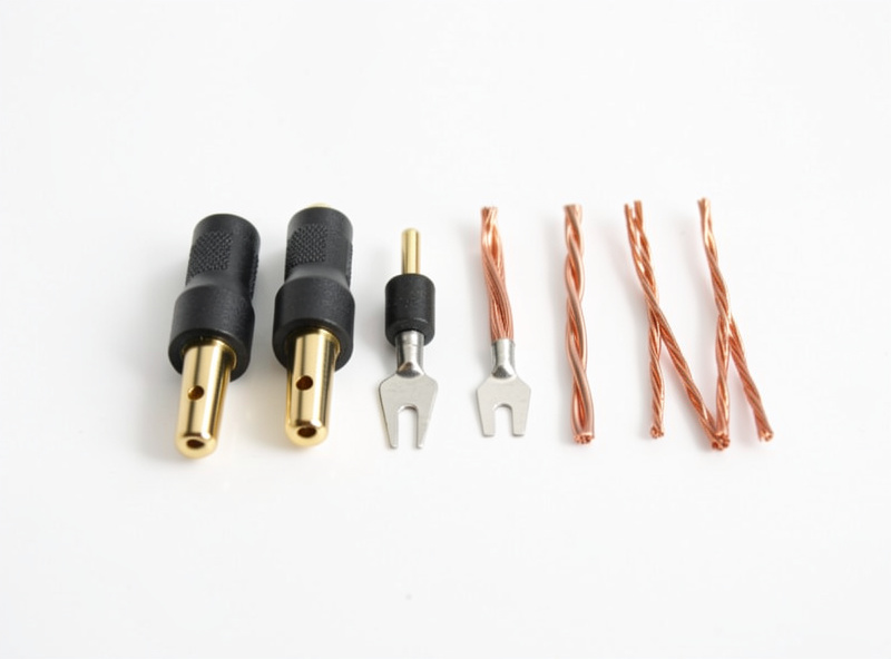 Comparison of banana plugs, spade connectors and bare twisted speaker wire ends side by side