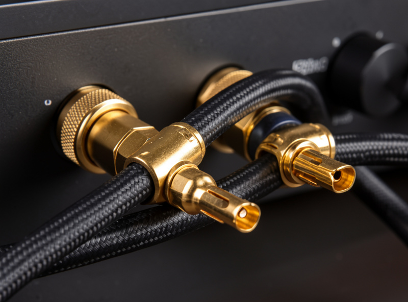 Heavy gauge speaker cable terminated with banana plugs connected to amplifier binding posts