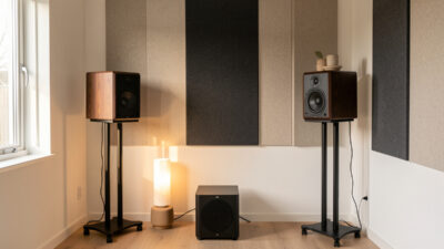 Small Sweden hi-fi listening room with standmount speakers flanking a compact sealed subwoofer