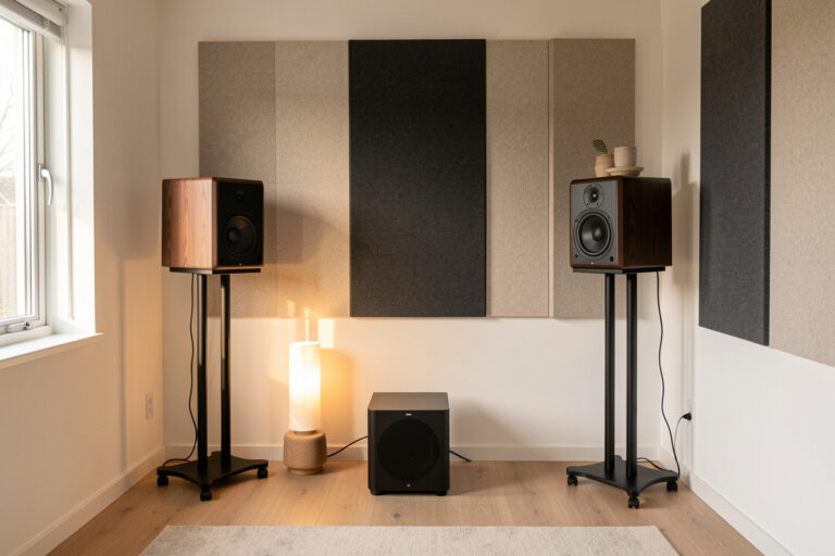 Small Sweden hi-fi listening room with standmount speakers flanking a compact sealed subwoofer