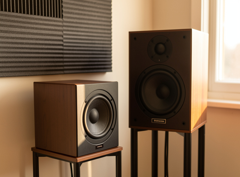 Compact sealed subwoofer beside a standmount hi-fi speaker in a treated listening room