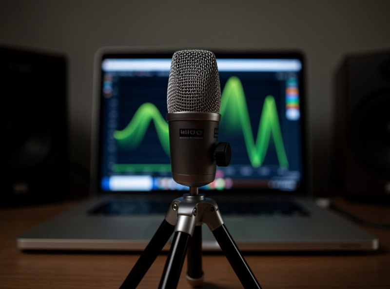 Calibrated measurement microphone at the listening seat with a room frequency sweep on a laptop