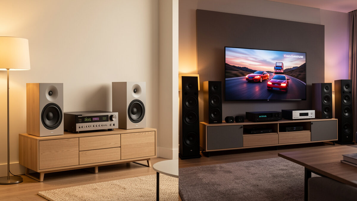 Stereo two-speaker setup compared with a surround sound home theater layout