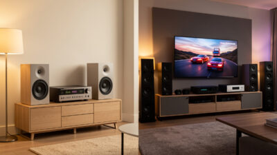 Stereo two-speaker setup compared with a surround sound home theater layout