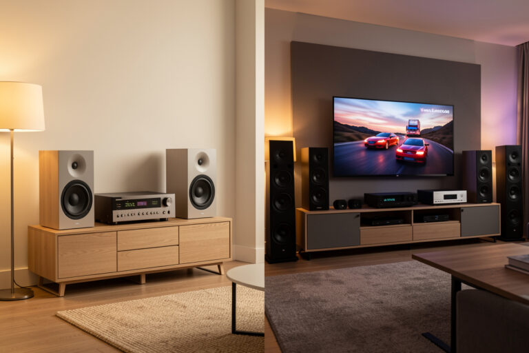 Stereo two-speaker setup compared with a surround sound home theater layout