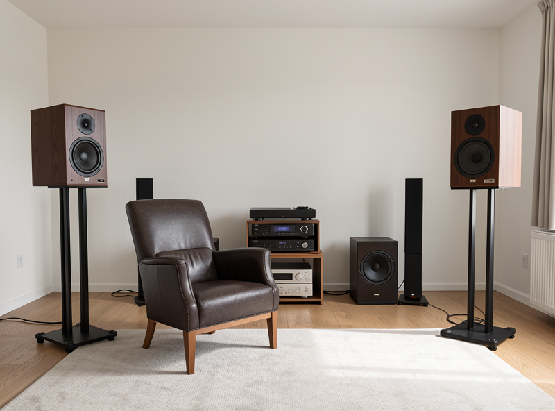 Comparison of a two-speaker stereo setup versus a five-speaker surround sound layout in the same living room