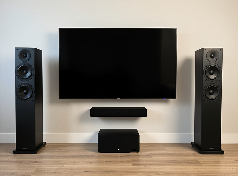 A 3.1 home theater setup showing left, center, and right front speakers with a subwoofer and no surround speakers