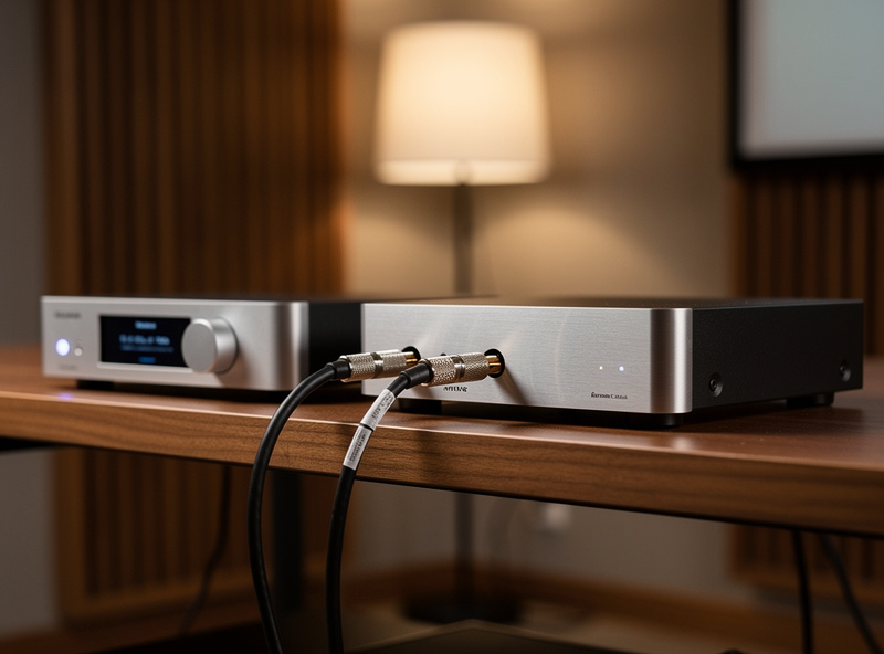 A separate network streamer connected by coaxial cable to a standalone DAC on a listening room shelf