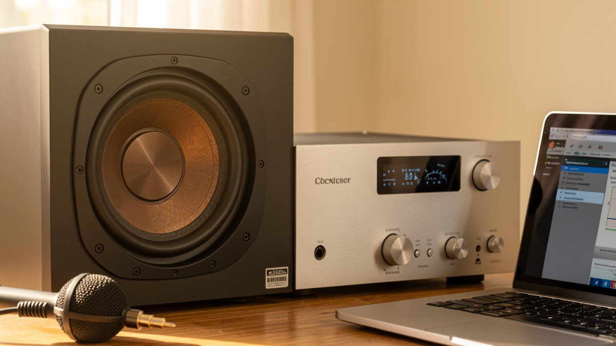 Hi-fi subwoofer and amplifier with a measurement microphone and laptop for setting the crossover