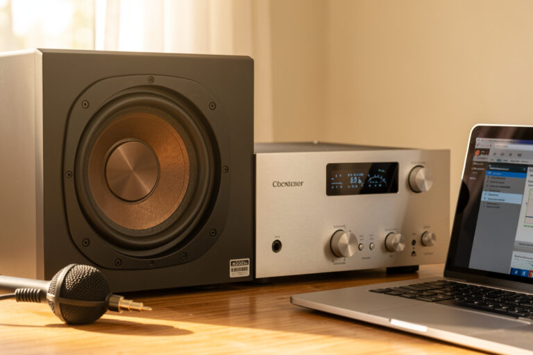 Hi-fi subwoofer and amplifier with a measurement microphone and laptop for setting the crossover