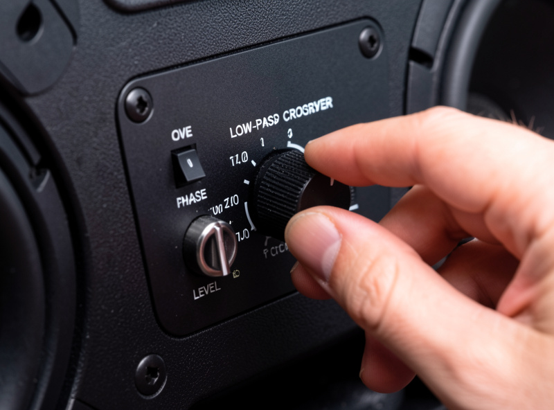 Close-up of a subwoofer rear panel low-pass crossover, phase, and level controls being adjusted