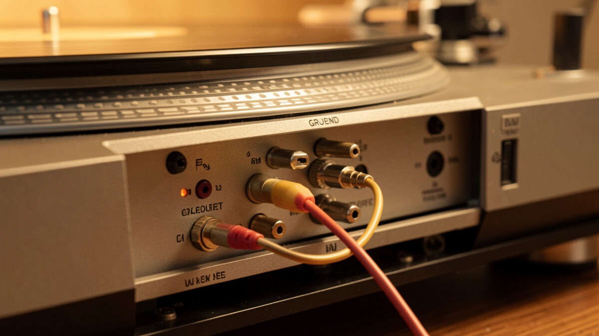 Turntable ground wire landed on a phono preamp ground post to eliminate hum