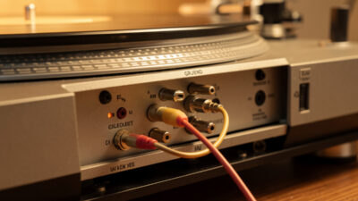 Turntable ground wire landed on a phono preamp ground post to eliminate hum