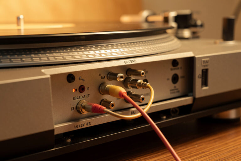 Turntable ground wire landed on a phono preamp ground post to eliminate hum