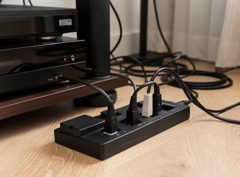 Audio components plugged into a single power strip to avoid a ground loop hum