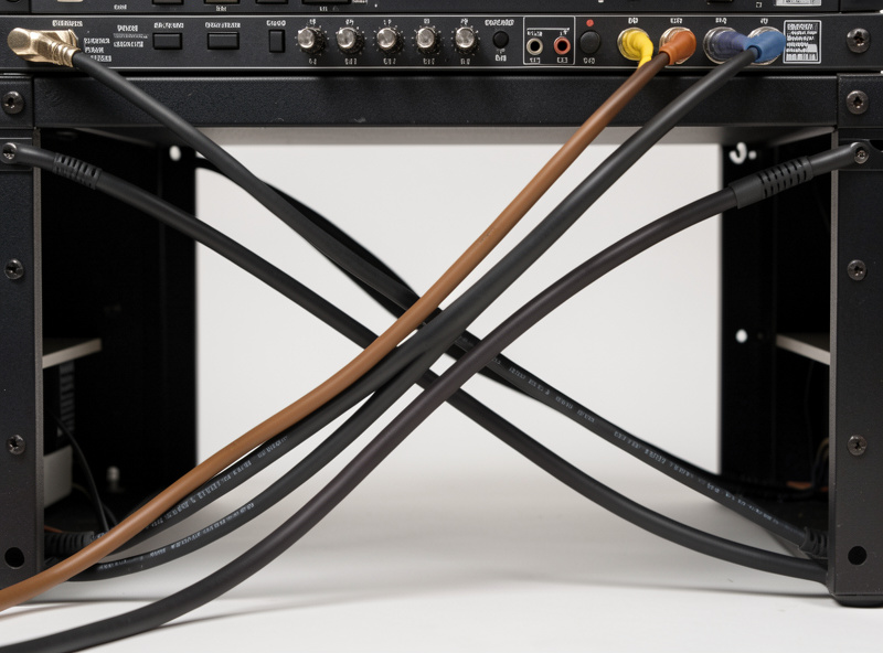 Signal cables crossing power cables at right angles behind a hi-fi rack to reduce interference