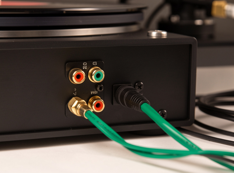 Turntable connected into a separates hi-fi system with phono preamp and integrated amplifier on a rack