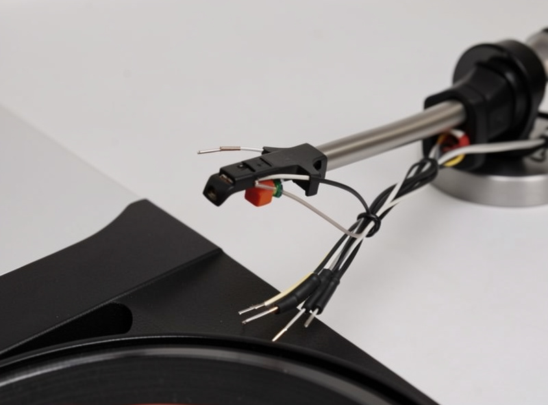 Close-up of turntable tonearm leads, ground wire, and RCA interconnects at the back of a phono preamp