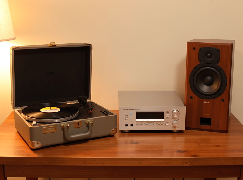 All-in-one suitcase turntable beside a separates hi-fi system showing the upgrade path