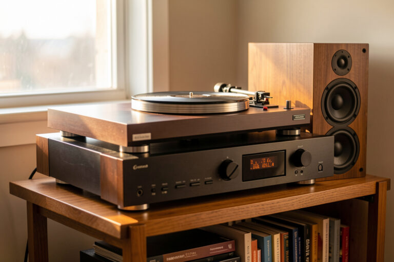 Turntable integrated into a complete separates hi-fi system with phono stage and amplifier